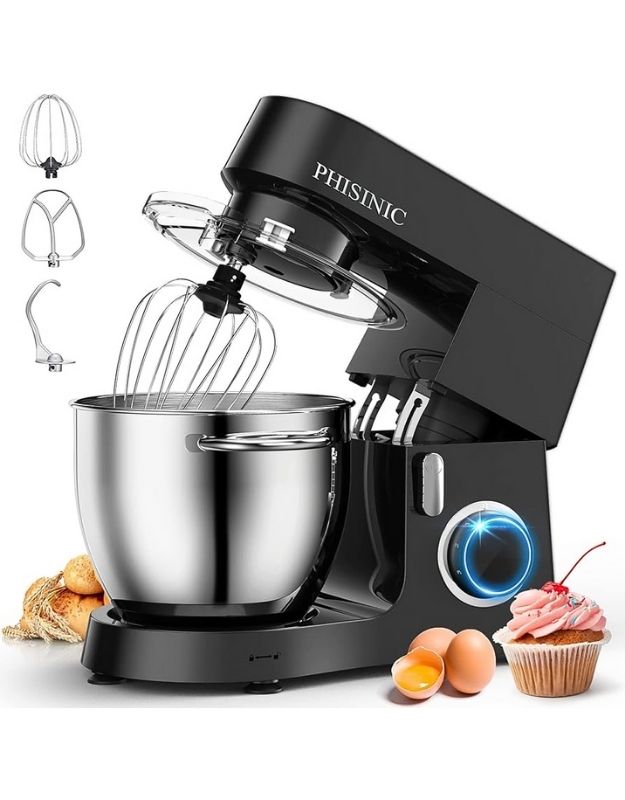 A black Phisinic stand mixer with a stainless steel bowl, equipped with various mixing attachments, displayed alongside cupcakes and baking ingredients to suggest its use for baking.